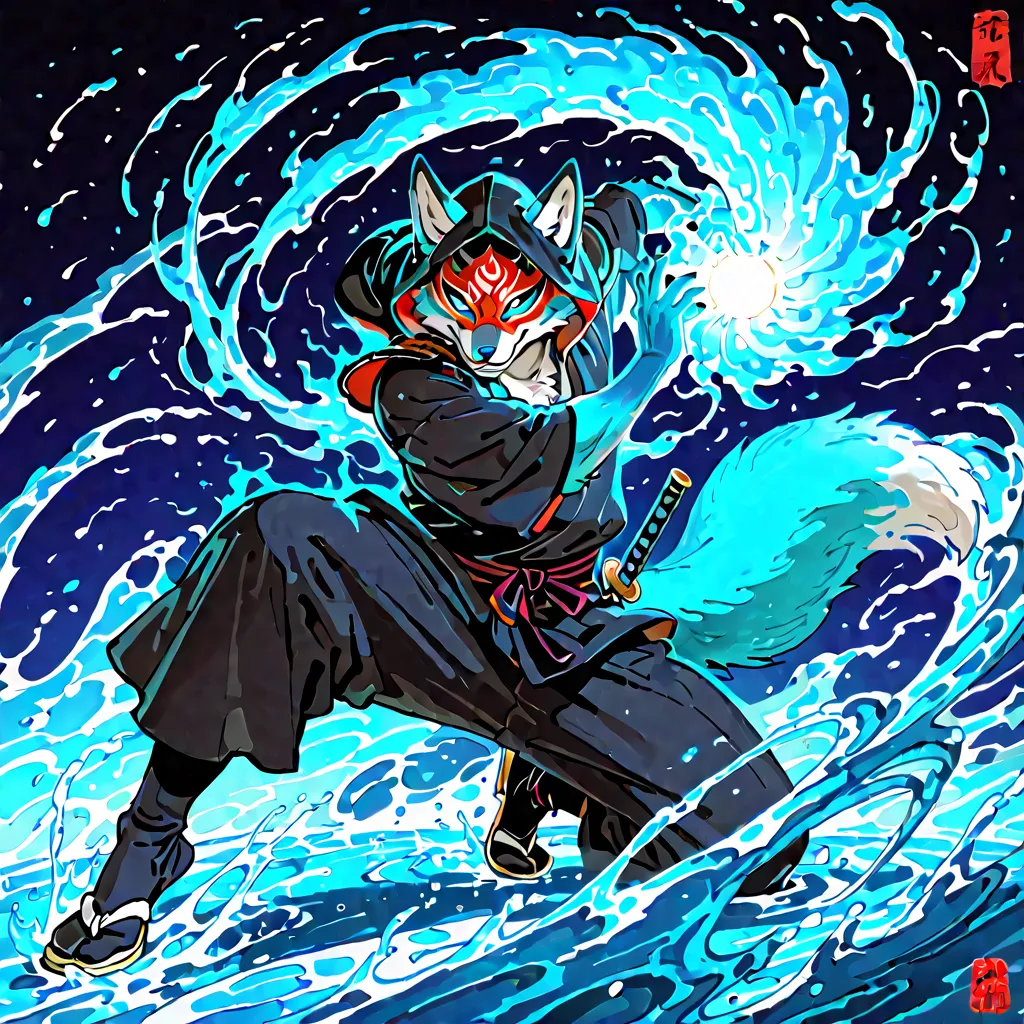 masterpiece, best quality, ultra-detailed, best illustration, solo, 1boy, man, dynamic pose, furry, anthro, fox, fur, BigBig, furry, animal ears, animal tail, blue fur, body fur, happy, smile, ecxited, blue hair, glowing gradient blue eyes, water magic, sa...