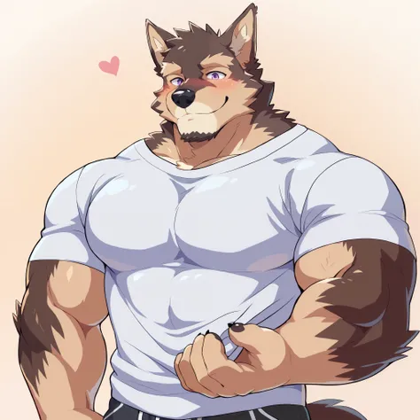 Scribble German Shepherd face,Pubraseer( German Shepherd),(Casual wear:1.3), Muscular , brown fur ,( artist :Takemoto Arashi),Pull clothes by hand,( buttock bulges:1.3) ,purple eyes,Smile,blush。