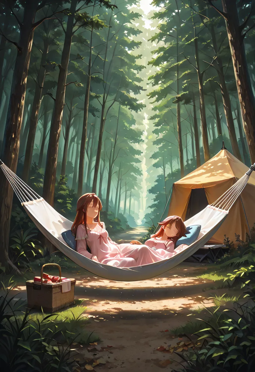 masterpiece,  nothing , girls,Sleeping in a hammock,  Nightgown , (Traveling Women), forest, tree々,  Mount, tent,  picnic, adventure  