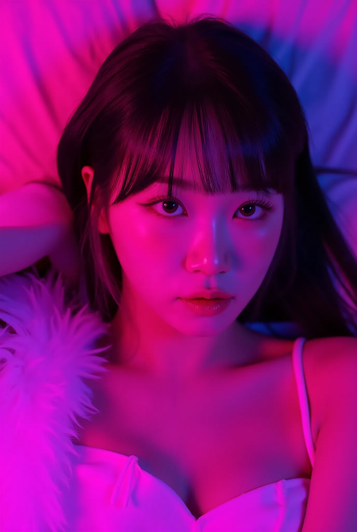 korean woman with pink makeup posing in bed, glowing pink face, soft portrait shot 8 k, glowing magenta face, glowing with colored light, sexy girl, glowwave girl portrait, magenta lighting. fantasy, glowing neon skin, color photograph portrait 4k, 8 k sen...