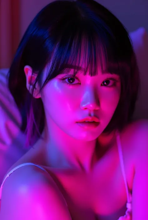 korean woman with pink makeup posing in bed, glowing pink face, soft portrait shot 8 k, glowing magenta face, glowing with colored light, sexy girl, glowwave girl portrait, magenta lighting. fantasy, glowing neon skin, color photograph portrait 4k, 8 k sen...