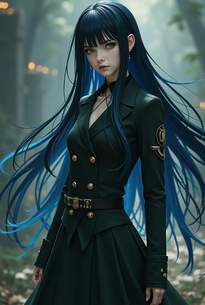 Demon slayer screenshot, wearing the demon slayer uniforms blue, qith the long skirt of demon slayer uniform tht reaches my ankles. Pale skin contrast with my hair black with blue tips. And green eyes