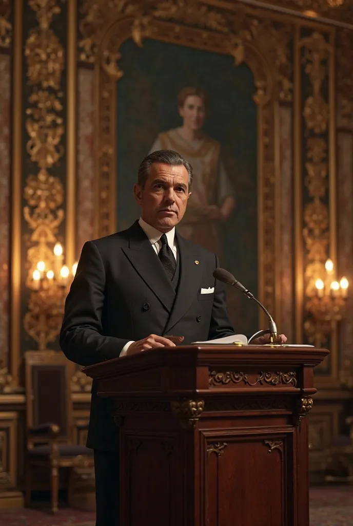 Italian president giving a speech on a lectern in an Italian presidential palace in the 1920s