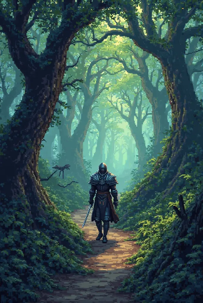 A knight walks along a path in the forest in the style of dark fantasy and a little bit of pixel style 