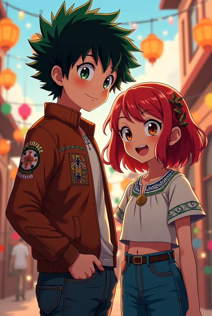 "A My Hero Academia-style illustration showing Sero Hanta next to a short girl with medium-length wavy red hair and brown eyes, both with a style inspired by Mexican culture. Sero wears her signature hairstyle and a relaxed smile, but her outfit is influen...