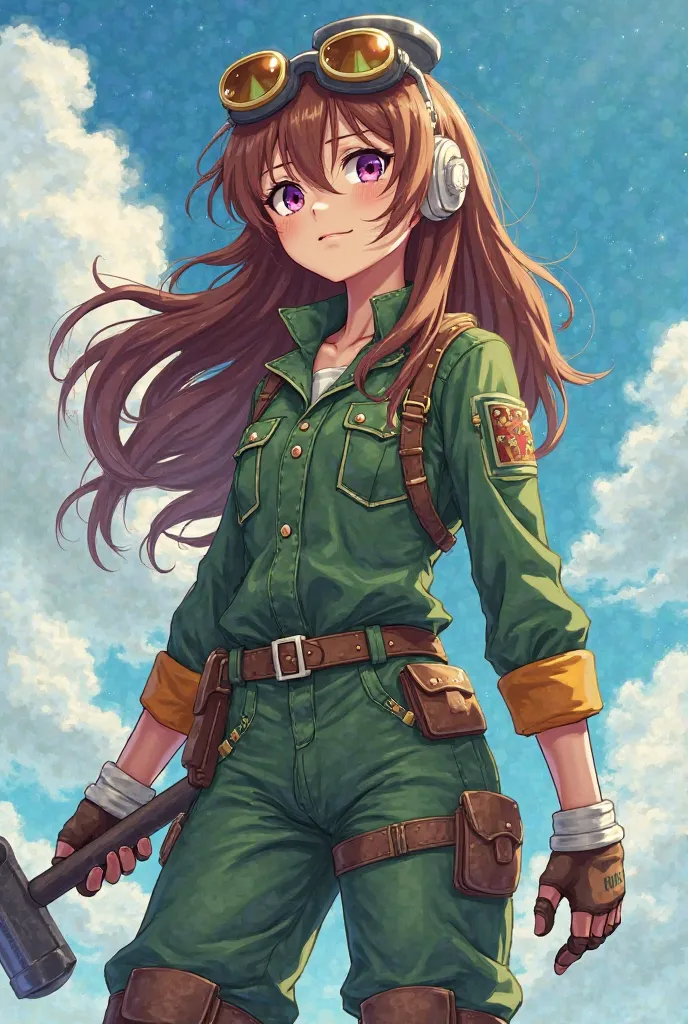 front and back panel full body anime steampunk style, 19, years old long wavy brown hair with coppery white side wigs with protective glasses in the sky hair eyes one brown and the other violet with a hammer in her hand green mechanic clothes