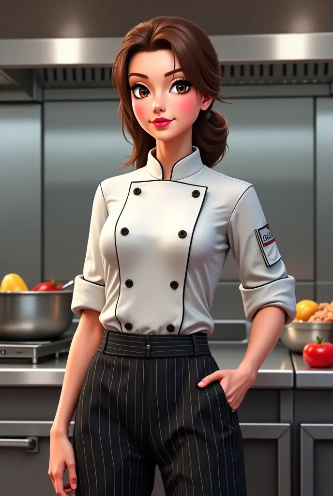 A girl wearing pin stripped black pants and a white chef coat 