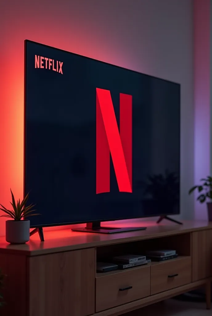 Create a ChiQ screen image. The details of the image are that the screen is at home and looks real. The background of the screen is the Netflix logo and the ChiQ logo in a beautiful and non-large font at the top of the screen on the left. The screen size i...