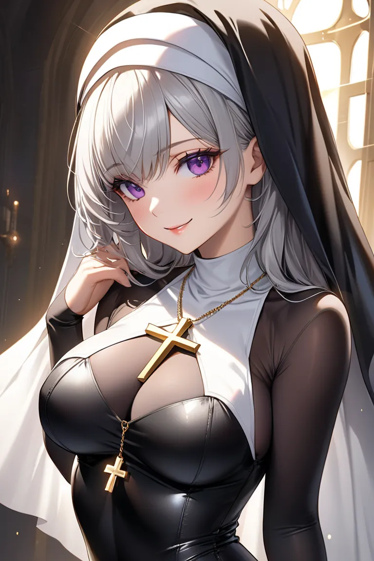 Stunning anime-style nun with silver-gray hair and striking purple eyes, wearing a tight black bodysuit with sheer stockings. Her nun's veil drapes elegantly over her shoulders, and a golden cross necklace hangs from her neck. She has a playful, alluring s...