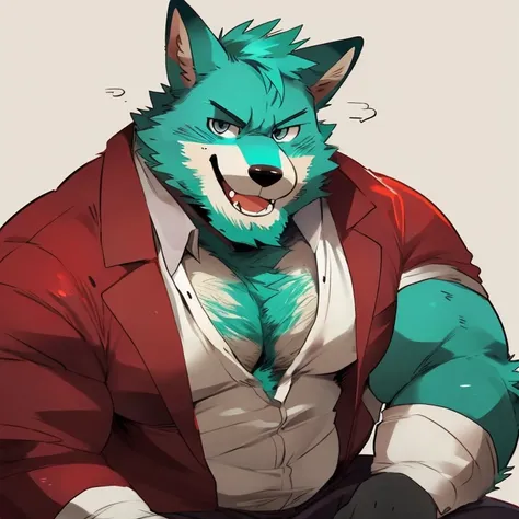 fox, furry, turquoise fur, handsome, very muscular, very big, extremely hot and sexy, beard, hair, chest hair, charming eyes, solo, male, happy expression, daddy, full body, big body, clothes, middle aged, by hyaku, by darkgem, by glitter trap boy