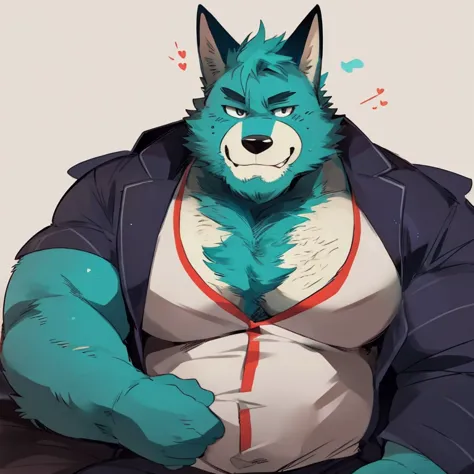 fox, furry, turquoise fur, handsome, very muscular, very big, extremely hot and sexy, beard, hair, chest hair, charming eyes, solo, male, happy expression, daddy, full body, big body, clothes, middle aged, by hyaku, by darkgem, by glitter trap boy