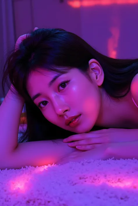korean woman with pink makeup posing in bed, glowing pink face, soft portrait shot 8 k, glowing magenta face, glowing with colored light, sexy girl, glowwave girl portrait, magenta lighting. fantasy, glowing neon skin, color photograph portrait 4k, 8 k sen...