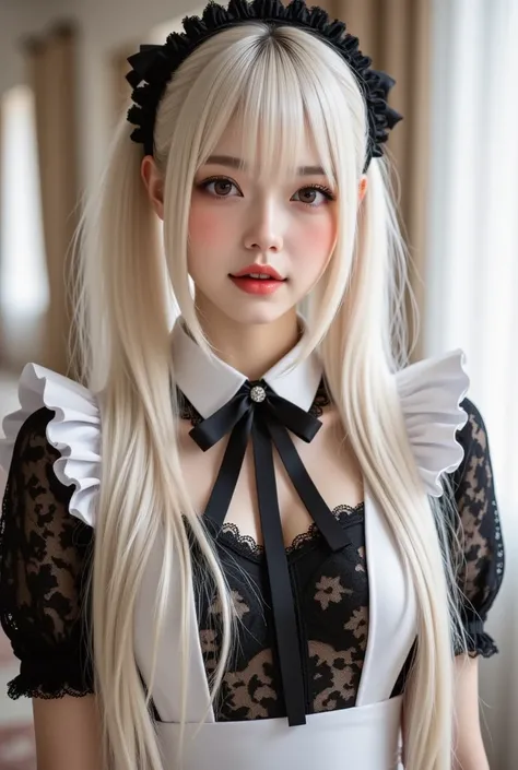 is a maid girl, like a maid, hair. White, in the palace 