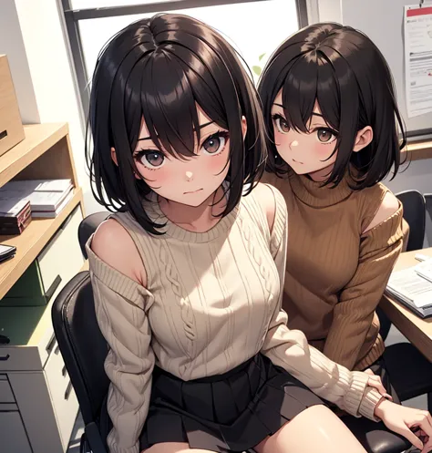 medium hair, shoulder length, black hair, hair between eyes, looking at the camera, cowboy shot, mini skirt, in the office, sit on chair, embarrassed, 15years old, cowboy shot, brown eyes, sweater, skirt lift, ソロ, a Japanese girl