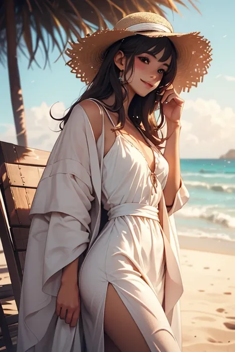 ((masterpiece, high resolution, better quality, better details)), ((anime)), a woman standing on the beach, big breasts, wide hips, slim waist, Blushing, Smiling, Bright Eyes, Standing, beautiful Face and body, (((Sexy Dark pink-colored micro bikini, thong...