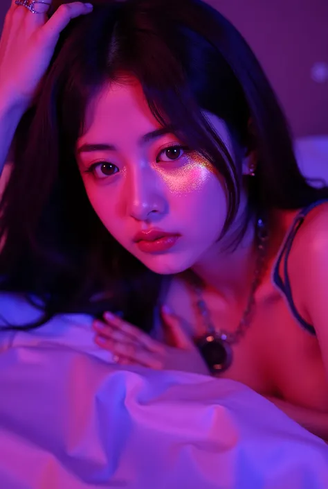 korean woman with pink makeup posing in bed, glowing pink face, soft portrait shot 8 k, glowing magenta face, glowing with colored light, sexy girl, glowwave girl portrait, magenta lighting. fantasy, glowing neon skin, color photograph portrait 4k, 8 k sen...