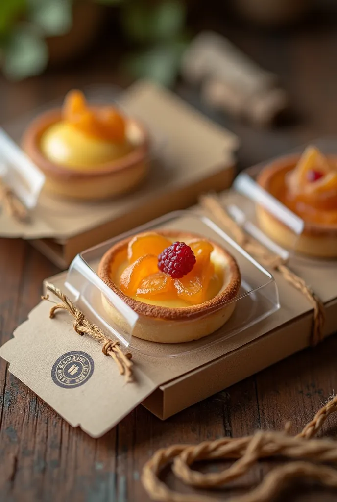 A packaging inspiration for a pastry chef,What makes tartlets,an individual transparent one for a unit containing a sisal cord to decorate with a TAG with the mark on the corner along with the string