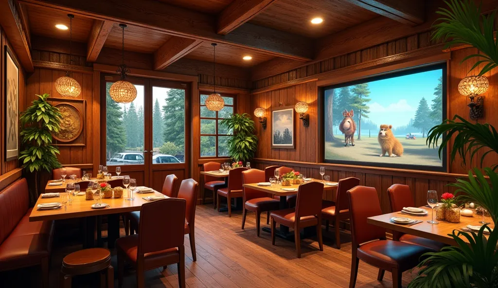 in a cozy wood-themed restaurant. The setting features warm lighting, greenery, and a large screen displaying animated scenes. The atmosphere is warm and inviting, with wooden decorations and soft lighting