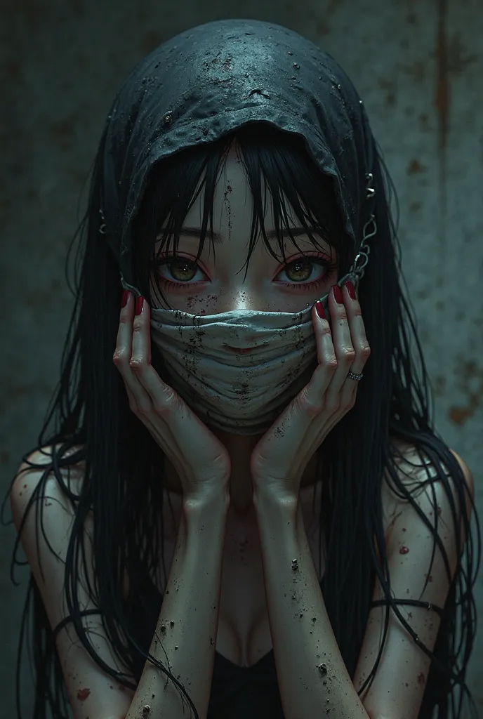 Skin bondage that conceals the face、Hands next to face、Ominous Smile、anime girl, scar on eye,   real、 imaginary、 black hair、sagitales、long hair、