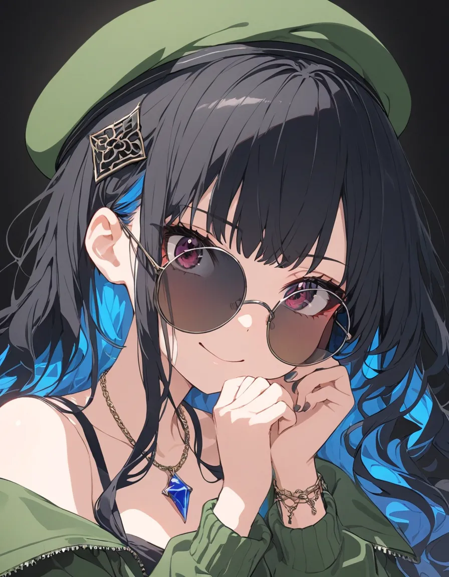 consolationper body, 1 female, alone, long hair, has black hair, colorful inner hair, blue hair during a return, wavy hair,  eyeliner , makeconsolation, jewel,  beret ,  O-ring ,  necklace,  black shorts, Button,  Round Sunglasses , bracelet, bare shoulder...