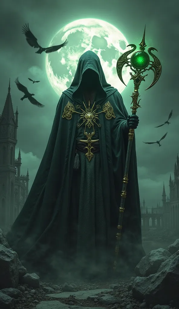 

"A dark, cinematic series cover entitled 'BALTAZAR: GUARDIAN OF THE SHADOWS'. The center of the image highlights Baltazar, an imposing and mysterious wizard, wrapped in a black cloak adorned with golden arcane symbols. His hood partially hides his face, ...