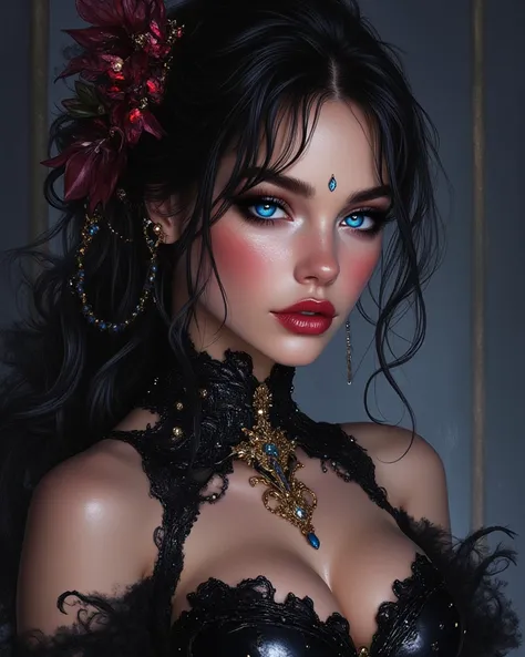 oil painting hyperrealistic fantasy, Beautiful 25-year-old Russian woman with Russian features, jet black hair, sapphire blue eyes, shiny reddish lip gloss, white skin de porcelana como muñeca, pink cheeks, Dark,  golden glow , hyperrealistic digital art. ...