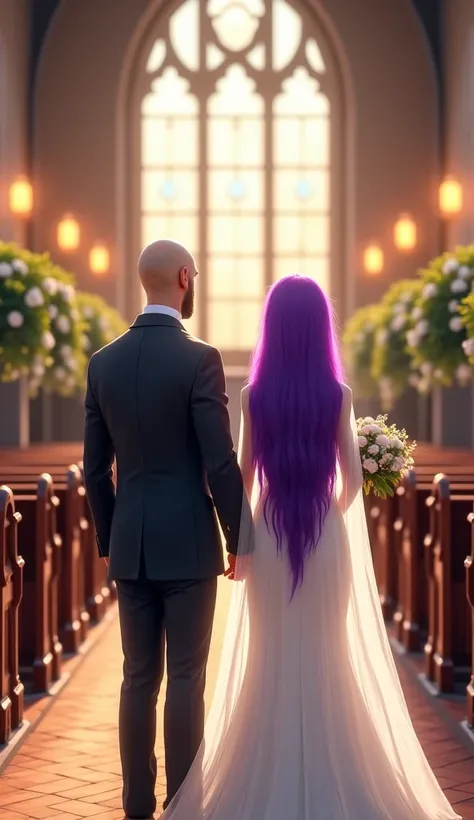 photo de mariage entre une mariée aux longs cheveux violets et un marié avec une barbe naissante et chauve,high quality,8K,masterpiece,ultra-detailed,beautiful wedding ceremony,elegant bride,groom with short beard and bald head,classic chapel interior,stai...