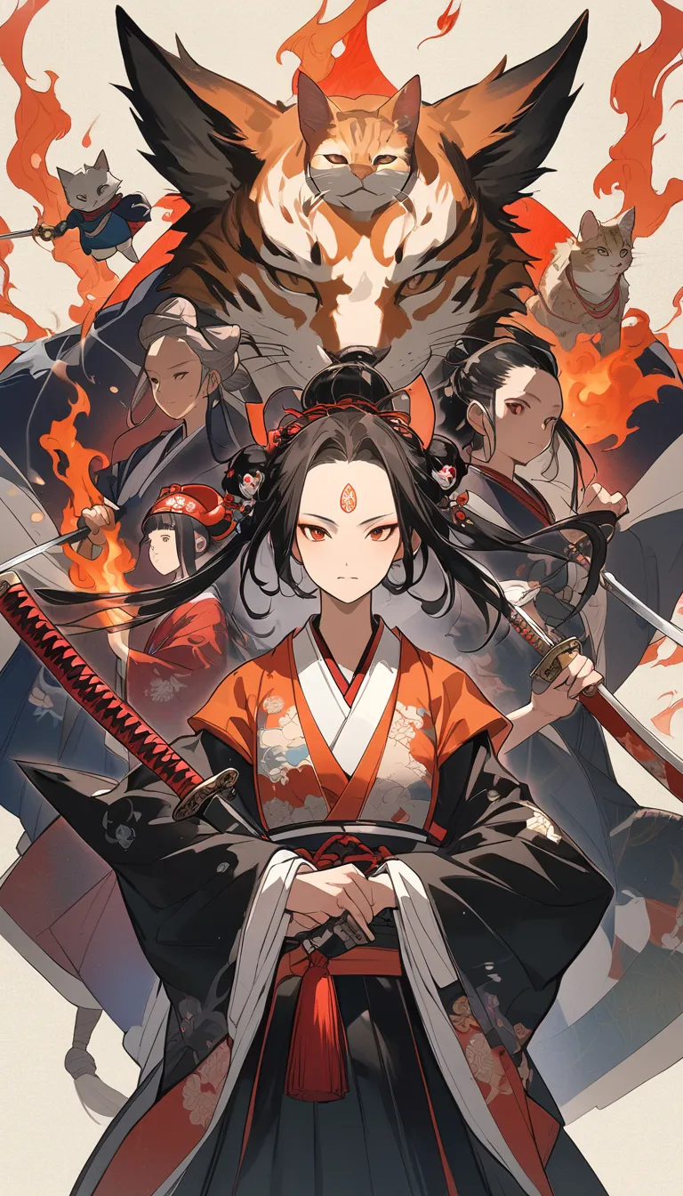 Anime characters with swords and cats on their heads, Onmyoji, From the Sengoku period, Onmyoji portrait, In kimono, Onmyoji detailed art, Sengoku period art style ,  she has a katana , nezuko,  a fox ninja holds a naginata, Burning,  Kunoichi, Maid