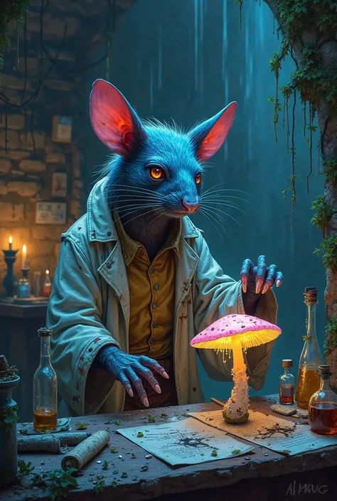 A ratfolk doctor in a dark room inside the sewer experimenting with fluorescent mushrooms