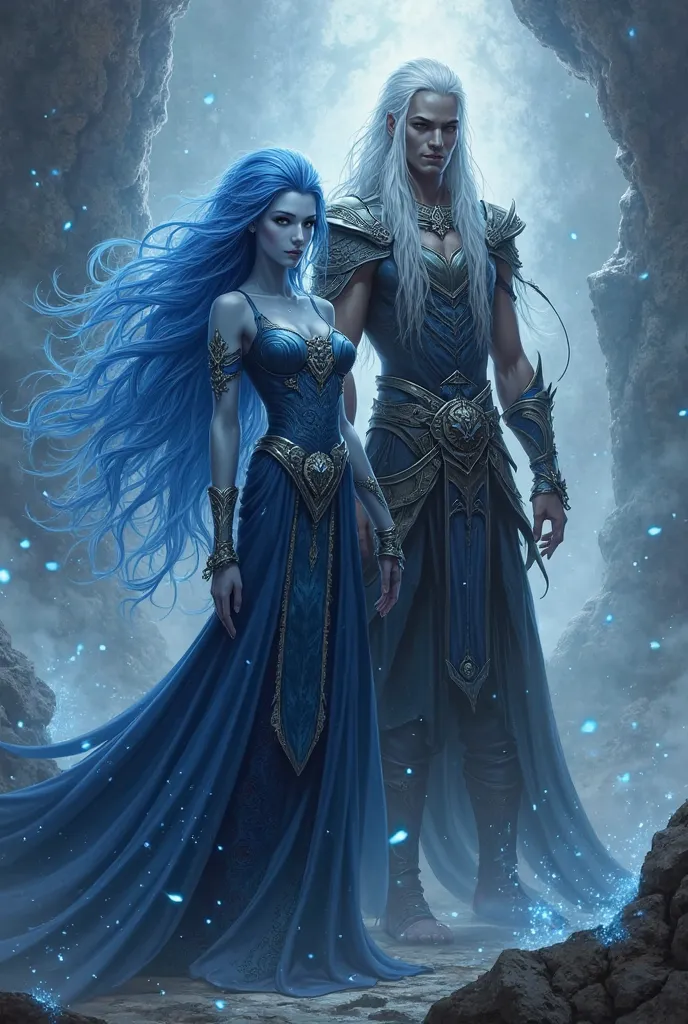 Long blue haired elf, Tyrande, together with a tall, strong elf with long white hair, both are dark elves