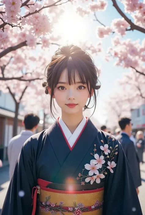 (masterpiece, best quality :1.2),ultra-realistic photo, Japanese coming-of-age ceremony pictures 、a Japanese woman\(18years old,Wearing a luxurious black kimono,Formal Kimono,her hair up, Luxurious Hair Ornaments), gentle smile ,focus on her face,Soft sunl...