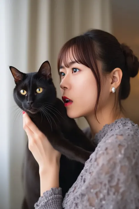 cute black cat and woman