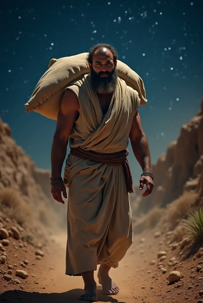 strong-built man with a thick beard, dressed in a simple robe, carries a heavy sack of flour and dates on his back, walking along a dusty nighttime path under a starry sky. A young man besidA e him tries to help, but he refuses with determination. His faci...