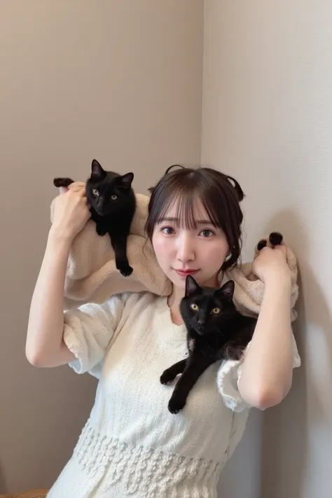 cute black cat and woman