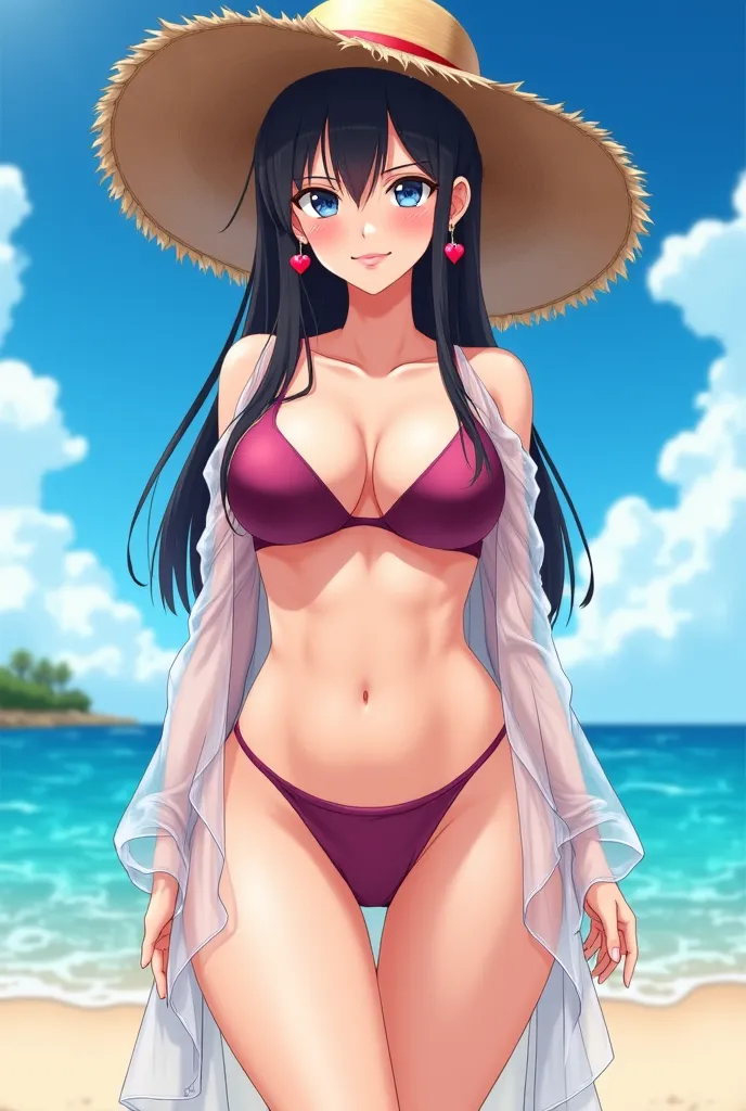 anime girl, ((masterpiece, high resolution, better quality, better details)), ((anime)), a woman standing on the beach, big breasts, wide hips, slim waist, Blushing, Smiling, Bright Eyes, Standing, beautiful Face and body, (((Sexy Dark pink-colored micro b...