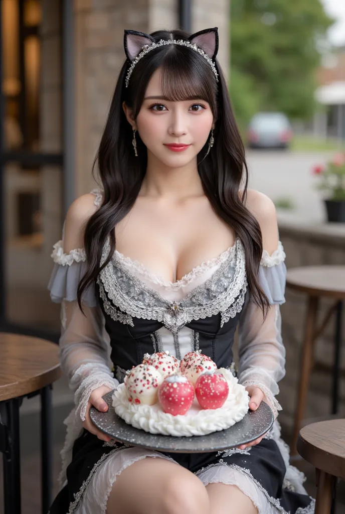 ((Big Breasts:1.2))、 beautiful light up 、 Hair、 sober bang、Off Shoulder、sexy maid clothes、((highly revealing clothing))、(Cat ear maid headband)、knee-high socks、 white skin、sexy pose、cafe terrace、(I have a tray of sweets)、cute smile up to the knee、 cool smi...