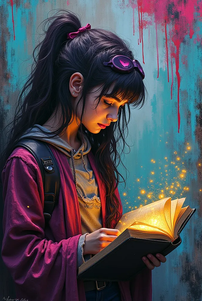 In street graffiti style, create an image of a  with an open book, This  is amazed at what she sees inside the book, And so many references to mystical Cyberpunk stories from past times come out of your head.