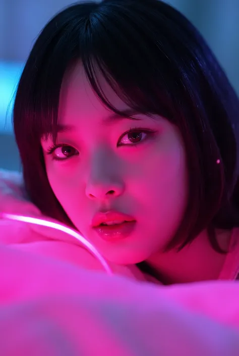 korean woman with pink makeup posing in bed, glowing pink face, soft portrait shot 8 k, glowing magenta face, glowing with colored light, sexy girl, glowwave girl portrait, magenta lighting. fantasy, glowing neon skin, color photograph portrait 4k, 8 k sen...