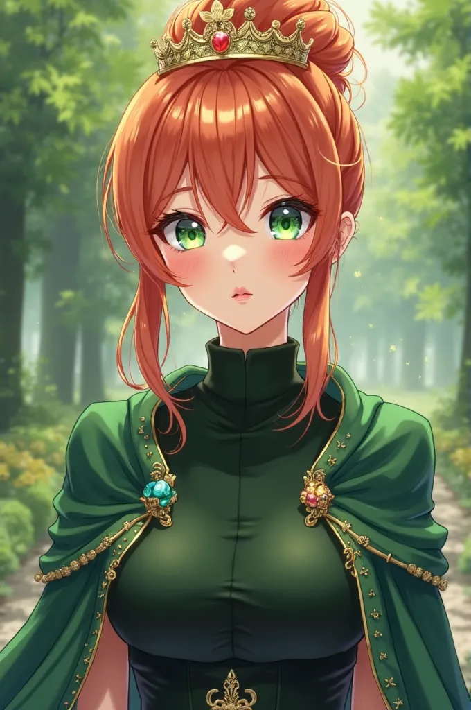 Anime girl with green eyes and dark orange hair in a bun wearing a dark green sweater, a green royal cape, and a gold crown blowing a kiss at you while winking with a green background 