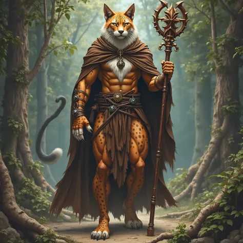 Celestial Cat God. Full spotted fur leapard-human male hybrid with v-shaped torso lanky muscular body builder with narrow waist and well rounded buttocks and really long legs and long tail. 7’ tall. Feline head and feline leapard nose and mouth. large neon...