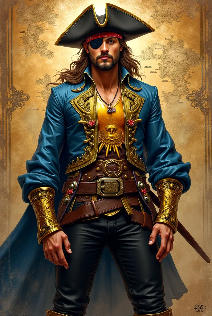 /imagine A pirate captain woman, adorned in intricate golden and blue attire with the emblem of an abstract sun on his chest. He wears black pants, leather boots, a bandana hat, an eye patch over one eye, and has long brown hair and a beard. The background...