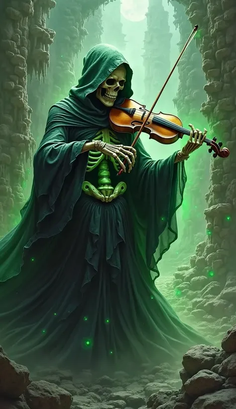 A skeleton dressed in a green hooded cape plays a dark violin in a gothic and mystical setting. Its expression is macabre and it is surrounded by a supernatural aura of bright green energy.  In the background, you can see ancient structures and spectral ha...