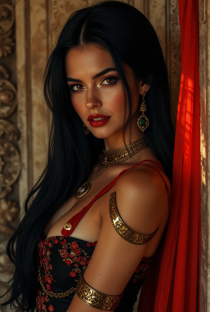 "Ancient Greek femme fatale assassin, 22 years old, with an irresistible and deadly allure. She has long, straight jet-black hair with striking blood-red tips, cascading elegantly past her waist. Her flawless, olive-pale skin is smooth as polished marble, ...