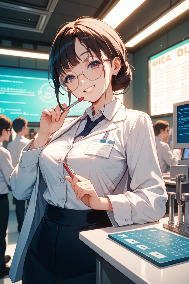 dispensing pharmacy clerk、young woman、round glasses、white coat over blouse、Smiling、anime style