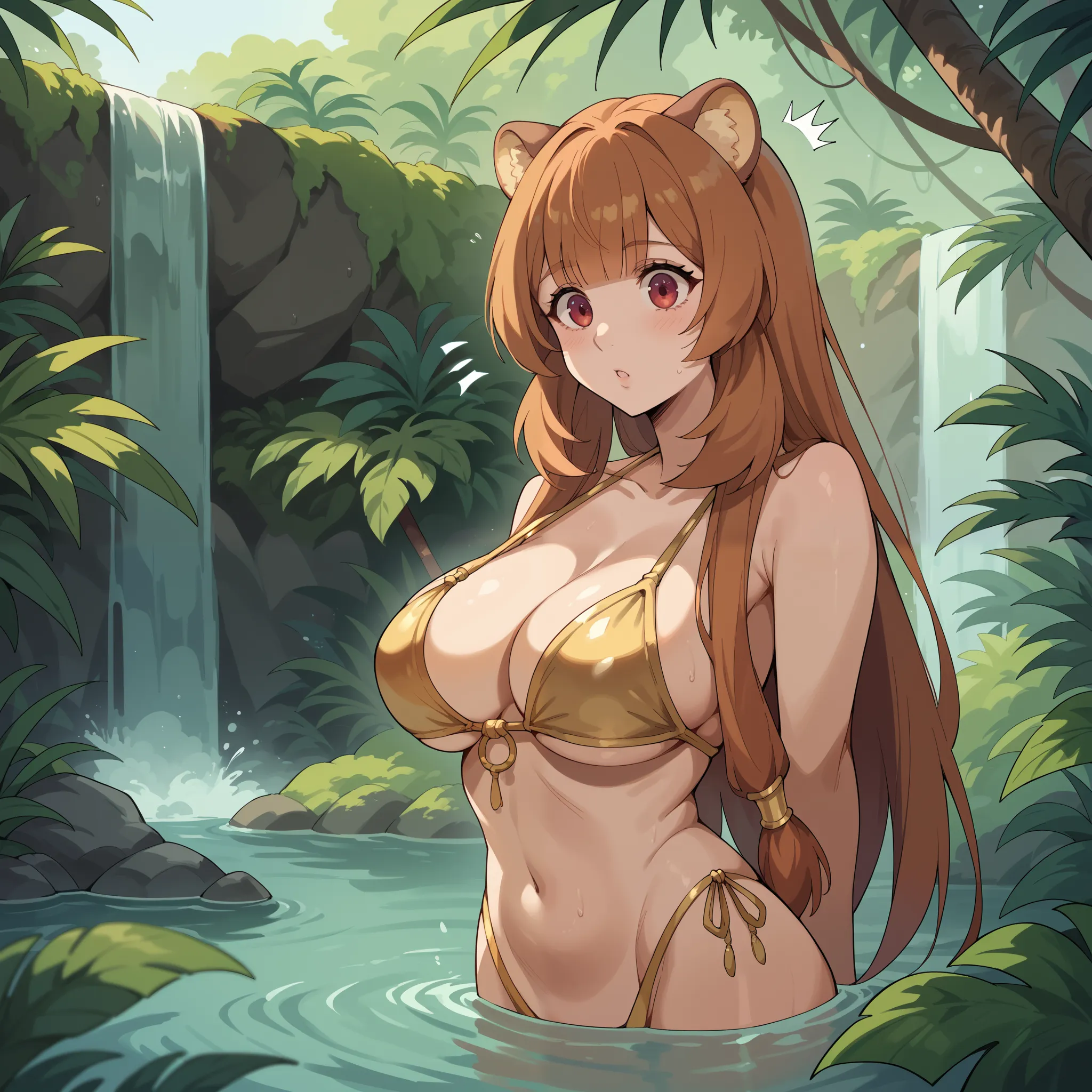 Raphtalia stands in front of a majestic tropical waterfall, surrounded by a lush jungle with vibrant vegetation. big breasts, She wears a gold bikini with black details , in a lightweight style with ribbons on the sides.  The water falls hard behind her , ...