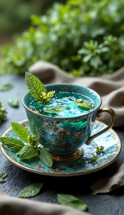 A book cover about exotic teas, featuring vibrant, deep shades of green (emerald, jade and forest green) combined with gold and ivory accents for a touch of elegance.
In the center, a fine porcelain cup decorated with delicate gold patterns, containing an...