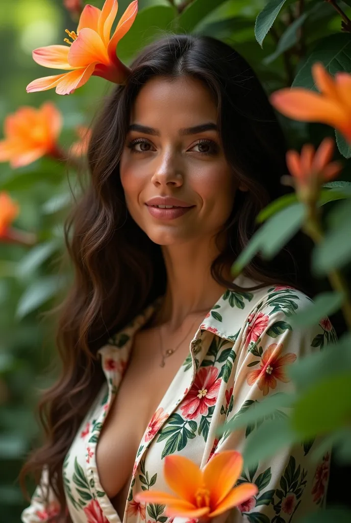 A Brazilian woman in a lush tropical garden,  wearing an open shirt with floral print, with a close up capturing the harmonious beauty between your breasts and the natural flowers, showing her natural charm and outgoing personality.