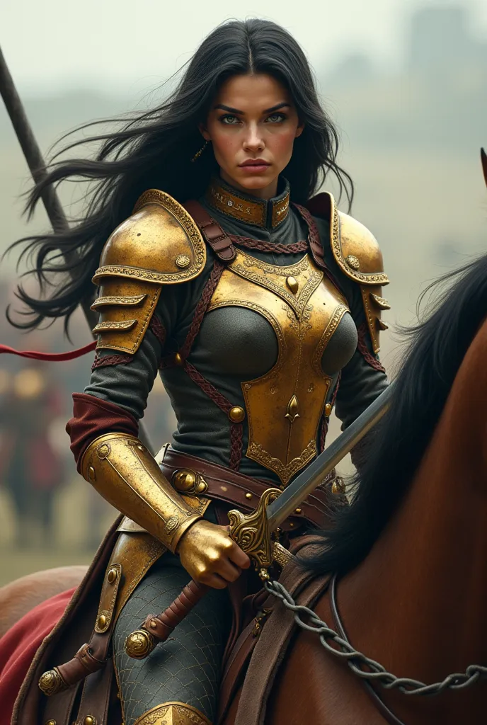 chat, Please, Make an image of a female warrior riding a horse,  the woman has black hair , green eyes, a golden armor ,  with black details, a long sword, A gold and black belt around the waist, sandals on the feet, Do leather straps hang from the belt, H...