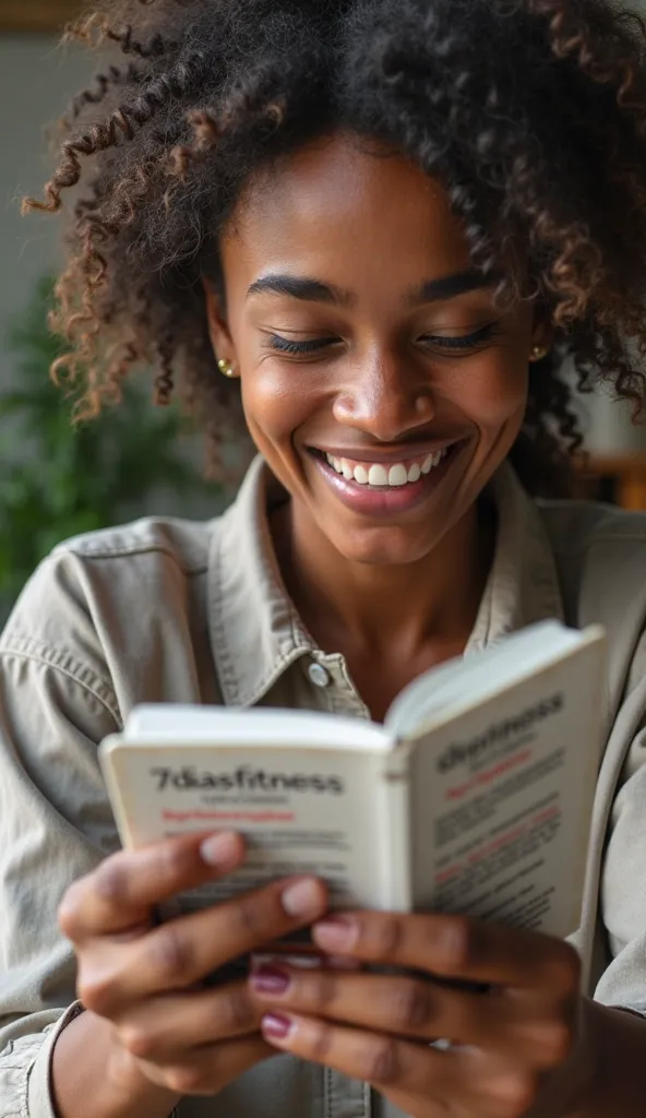 image: Person smiling when looking at the cell phone, Where the e-book "7DiasFitness" It's open and showing simple and effective workout tips