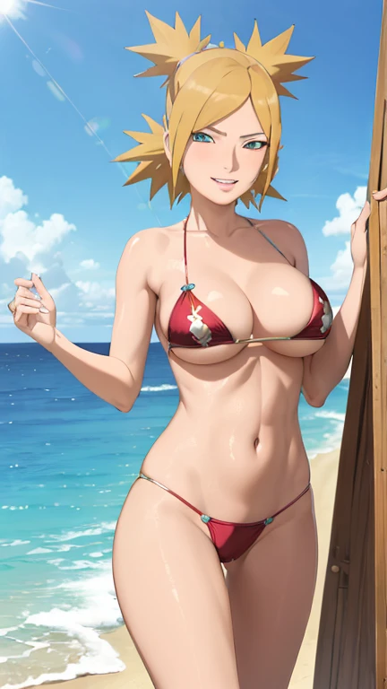 masterpiece, absurdres , (Intricate details), (colorful),cinematic lighting,Bust photo,CG extremely detailed unity 8k wallpaper,temari\(Boruto\), 1 girl, Mature woman, breasts,bikini, red bikini , beach, summer, sunlight, ocean,wind,  cloudy sky , Palm,  s...